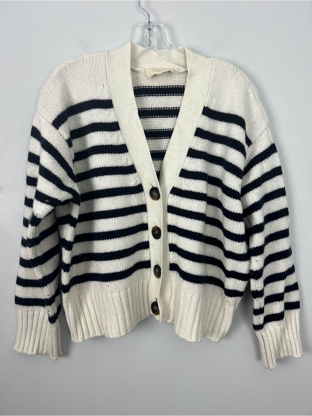 Sezane Wool Blend Cream & Black Striped Button-Front Cardigan